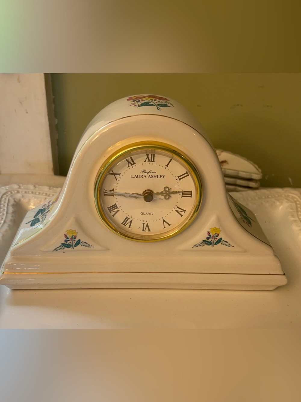 Vintage Laura Ashley Ceramic Mantel Clock Floral pattern and Quartz Movement